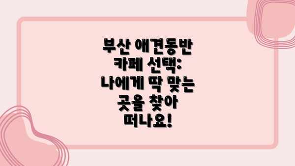 부산 애견동반 카페 선택: 나에게 딱 맞는 곳을 찾아 떠나요!